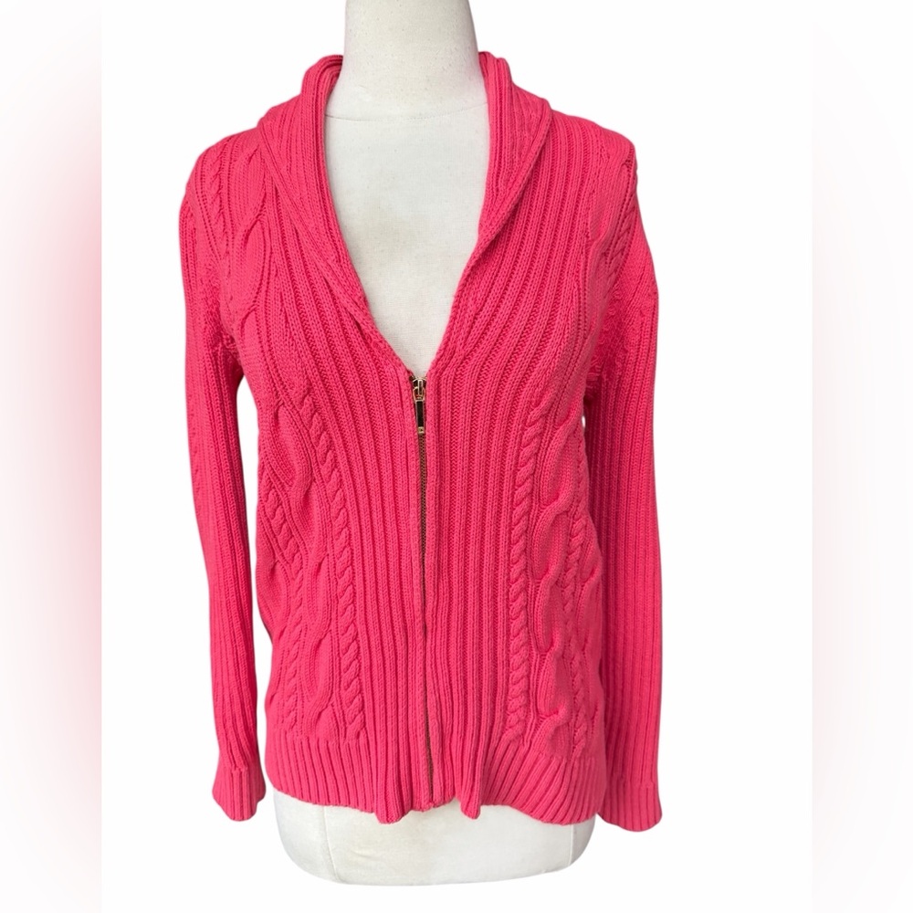 Y2K Chaps 100% Cotton Bright Coral Shawl Collar Front Zip Cable Knit Cardigan
